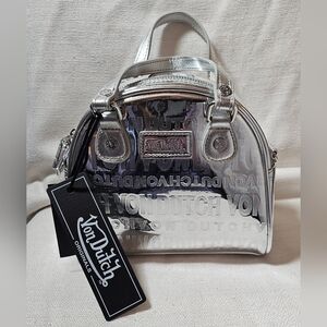 NWT Von Dutch Silver Reflective Mini Bowling Bag Crossbody Strap Monogram